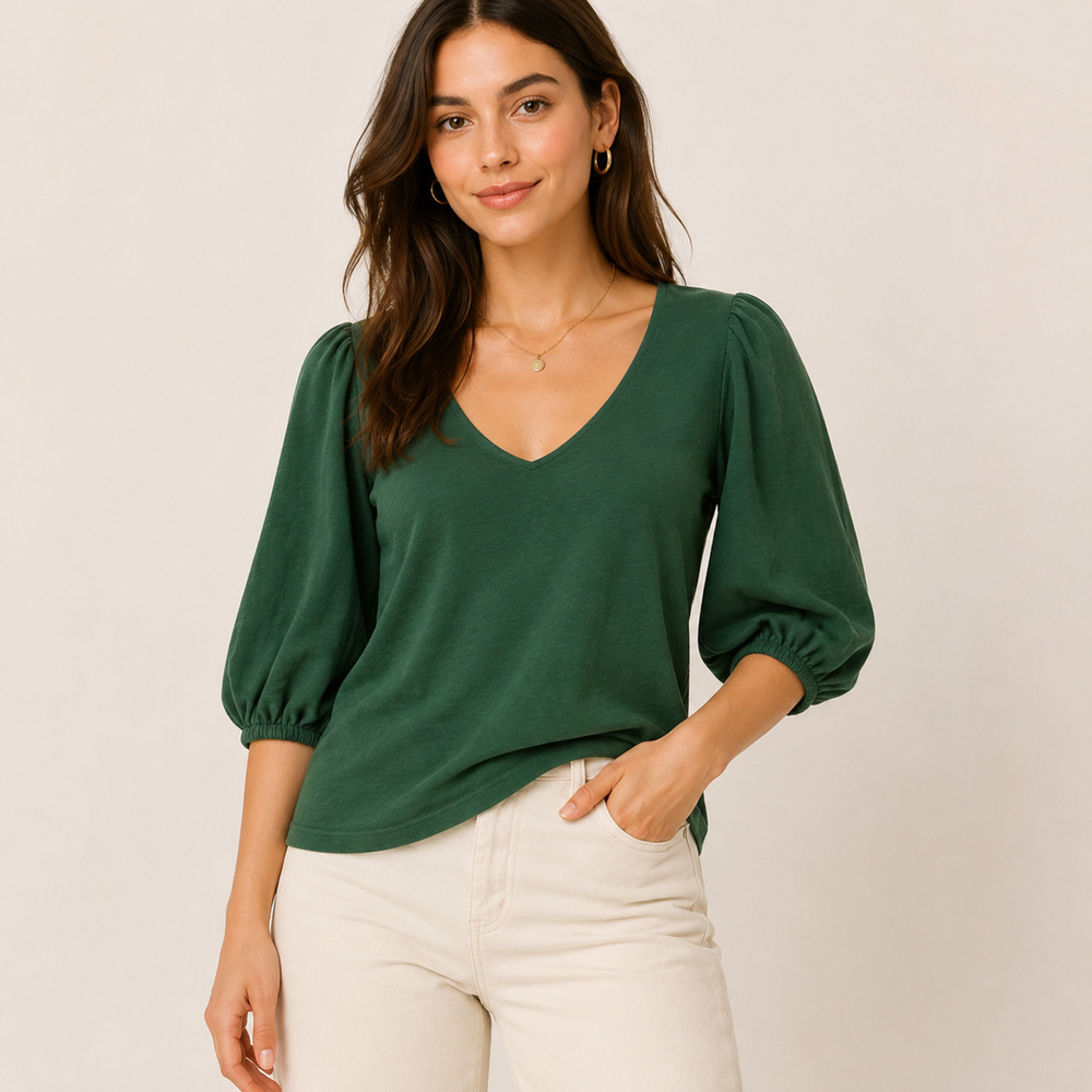 Velvet by Graham Spencer Leena Puff Sleeve Tee Green XSP Cotton Anthropologie